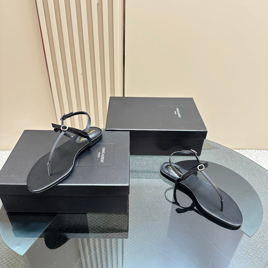 SL CRYSTAL T-STRAP FLAT SANDAL BLACK SATIN