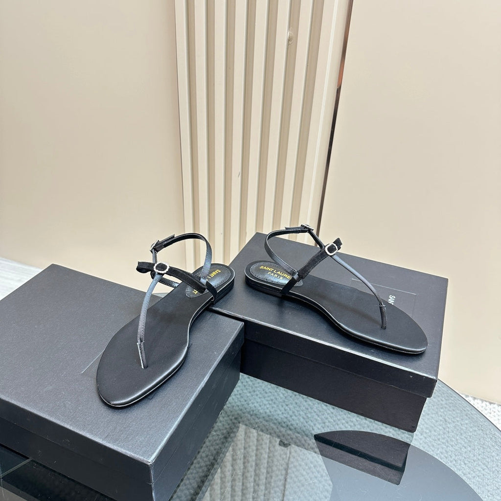 SL CRYSTAL T-STRAP FLAT SANDAL BLACK SATIN