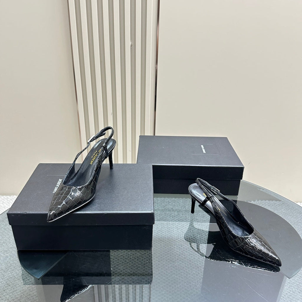 SL TRAPEZE CROCODILE MOTIF SLINGBACK PUMP BLACK CALFSKIN