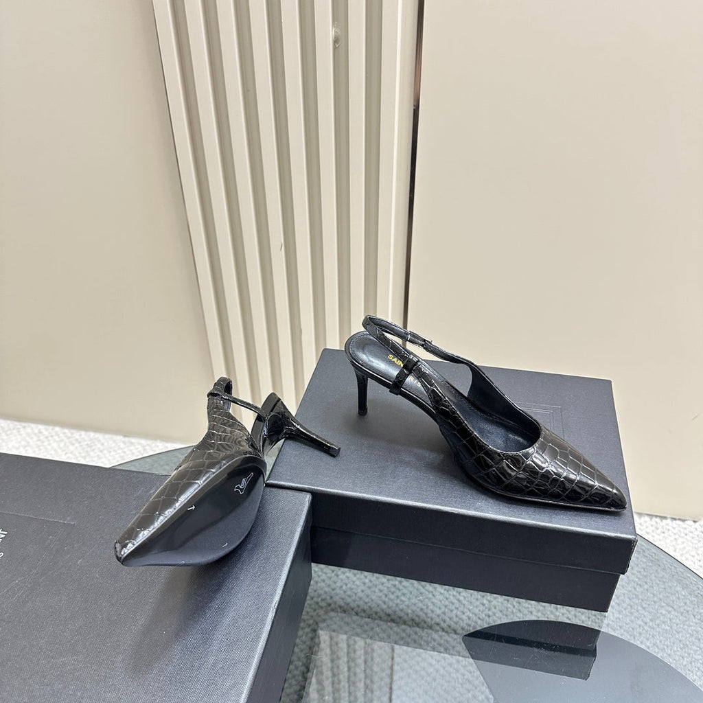 SL TRAPEZE CROCODILE MOTIF SLINGBACK PUMP BLACK CALFSKIN