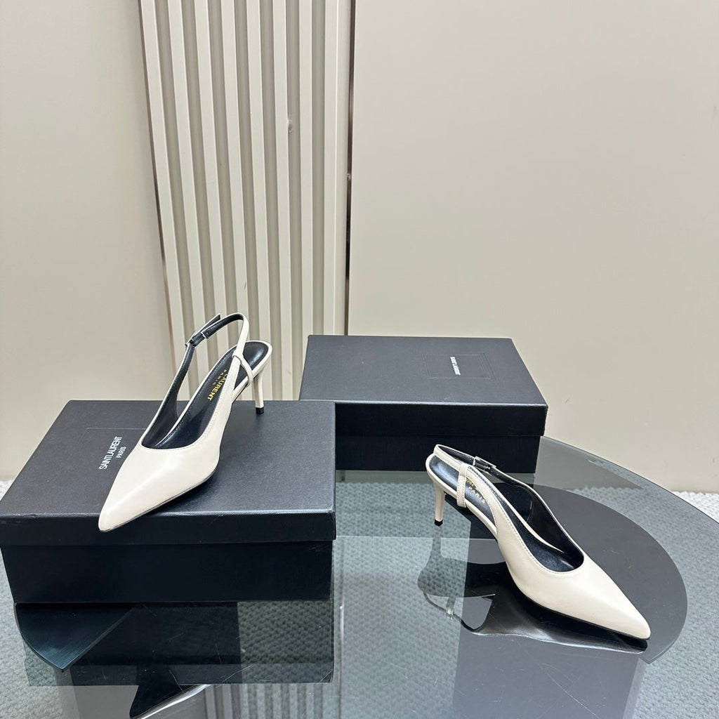 SL TRAPEZE HEEL SLINGBACK PUMP WHITE CALFSKIN