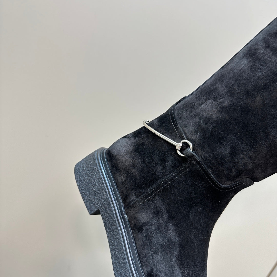 SLIM HORSEBIT KNEE BOOTS WITH WEB IN BLACK SUEDE