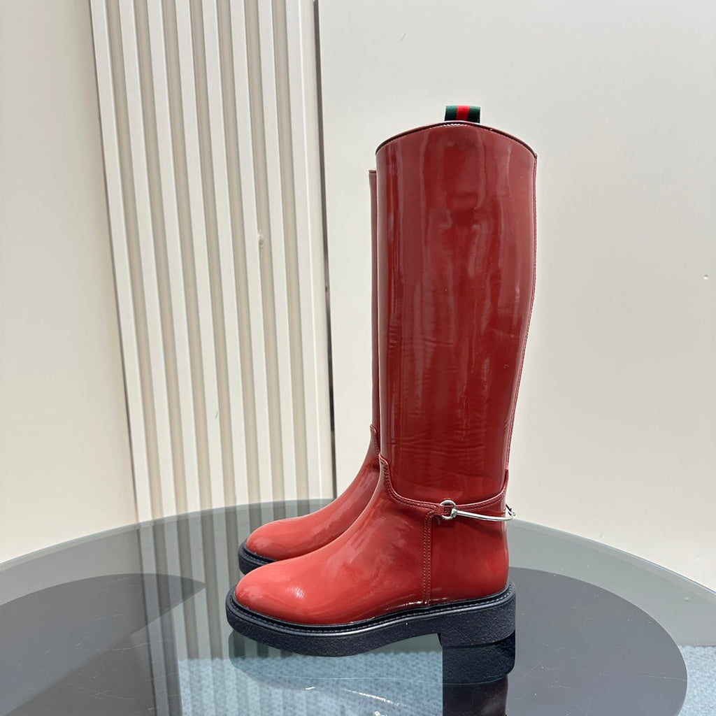 SLIM HORSEBIT KNEE BOOTS WITH WEB IN RED GLOSSY CALFSKIN