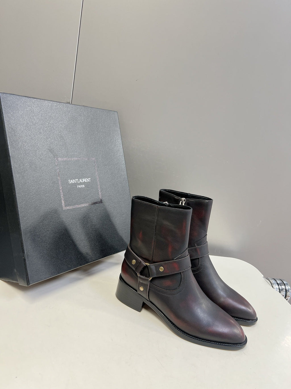 SL HARNESS BOOTS BLACK AND GARNET CALFSKIN