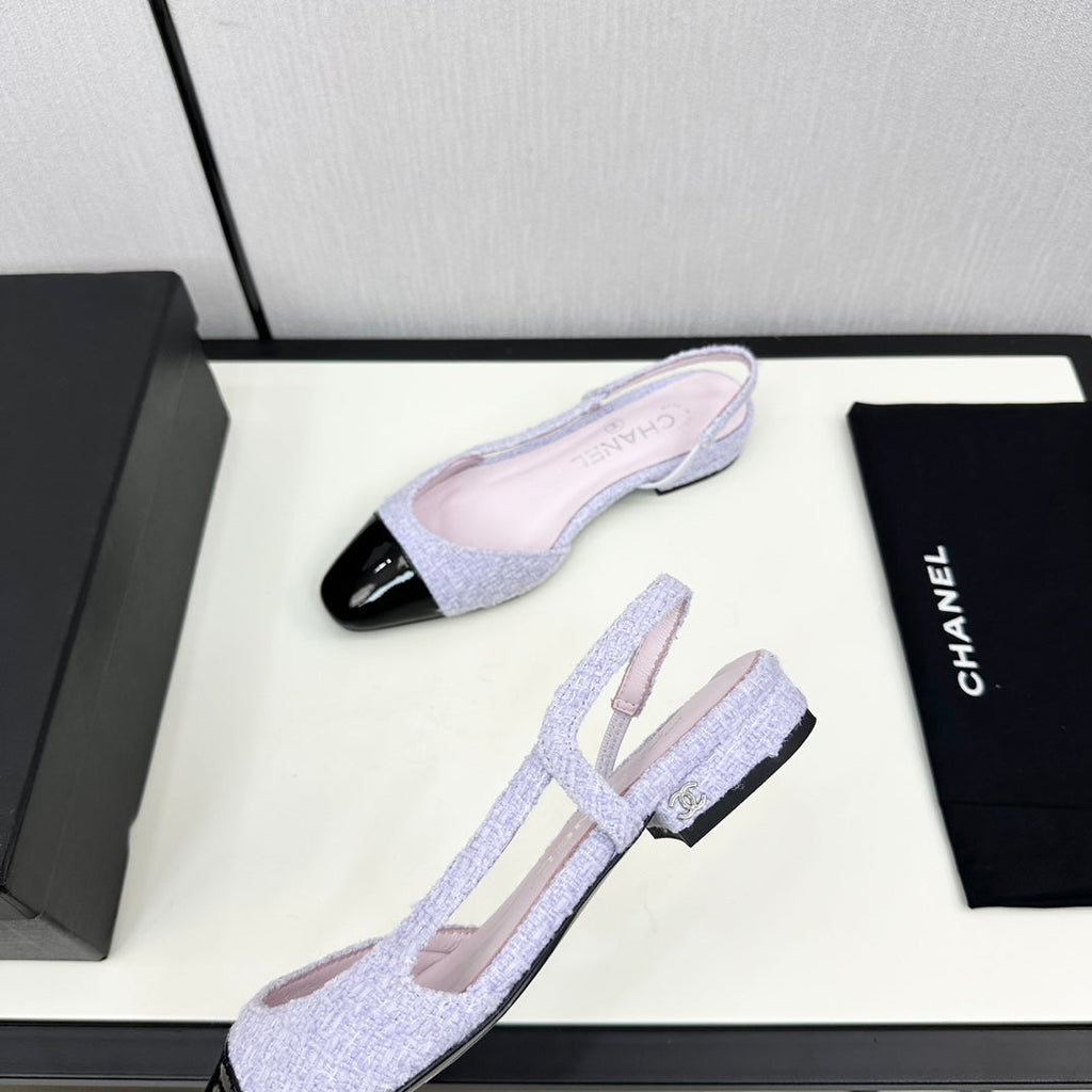 SLINGBACK LIGHT BLUE TWEED AND BLACK CALFSKIN