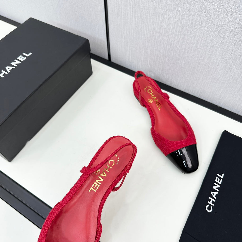SLINGBACK ROSE RED TWEED AND BLACK CALFSKIN