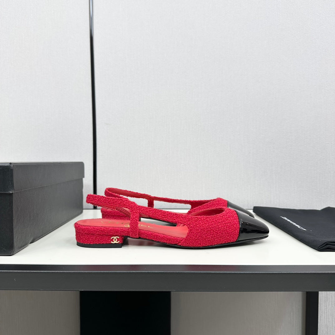 SLINGBACK ROSE RED TWEED AND BLACK CALFSKIN