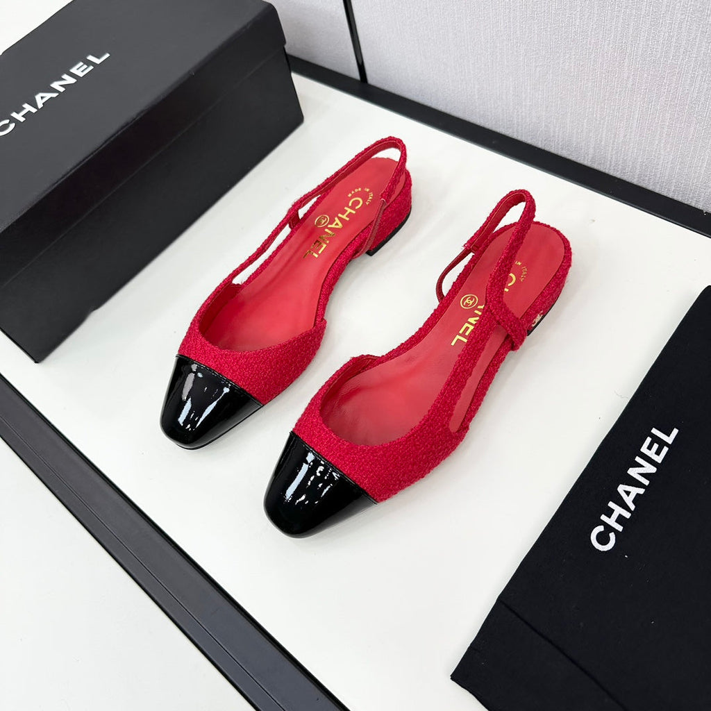 SLINGBACK ROSE RED TWEED AND BLACK CALFSKIN