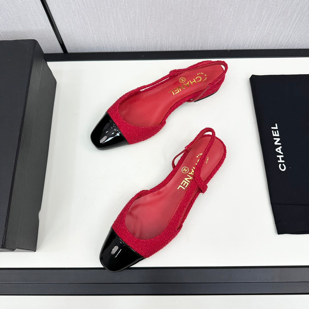 SLINGBACK ROSE RED TWEED AND BLACK CALFSKIN