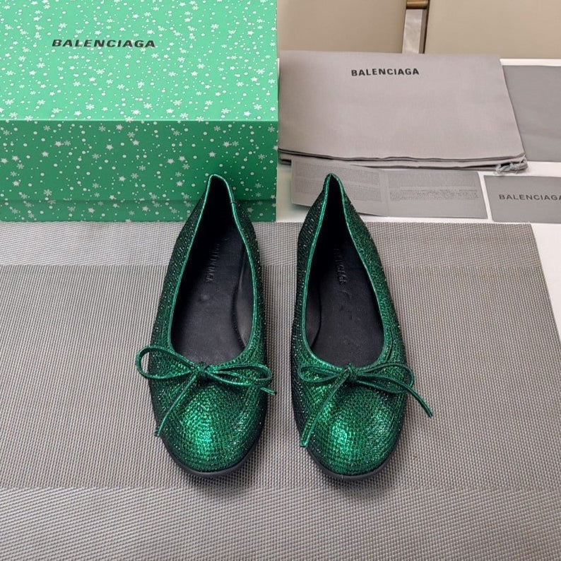 RHINESTONE BALLET FLATS WITH BOW IN FUN GREEN SHEEPSKIN