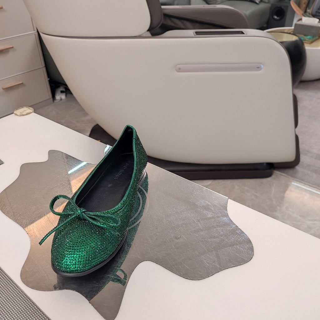 RHINESTONE BALLET FLATS WITH BOW IN FUN GREEN SHEEPSKIN