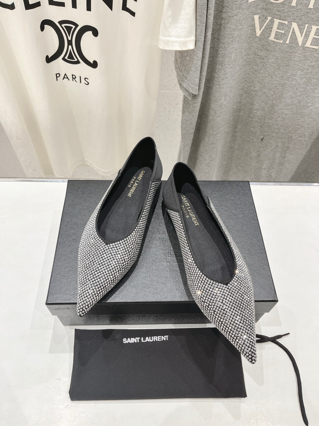 SL NOUR LEOPARD POINT TOE BALLET BLACK CRYSTAL SATIN