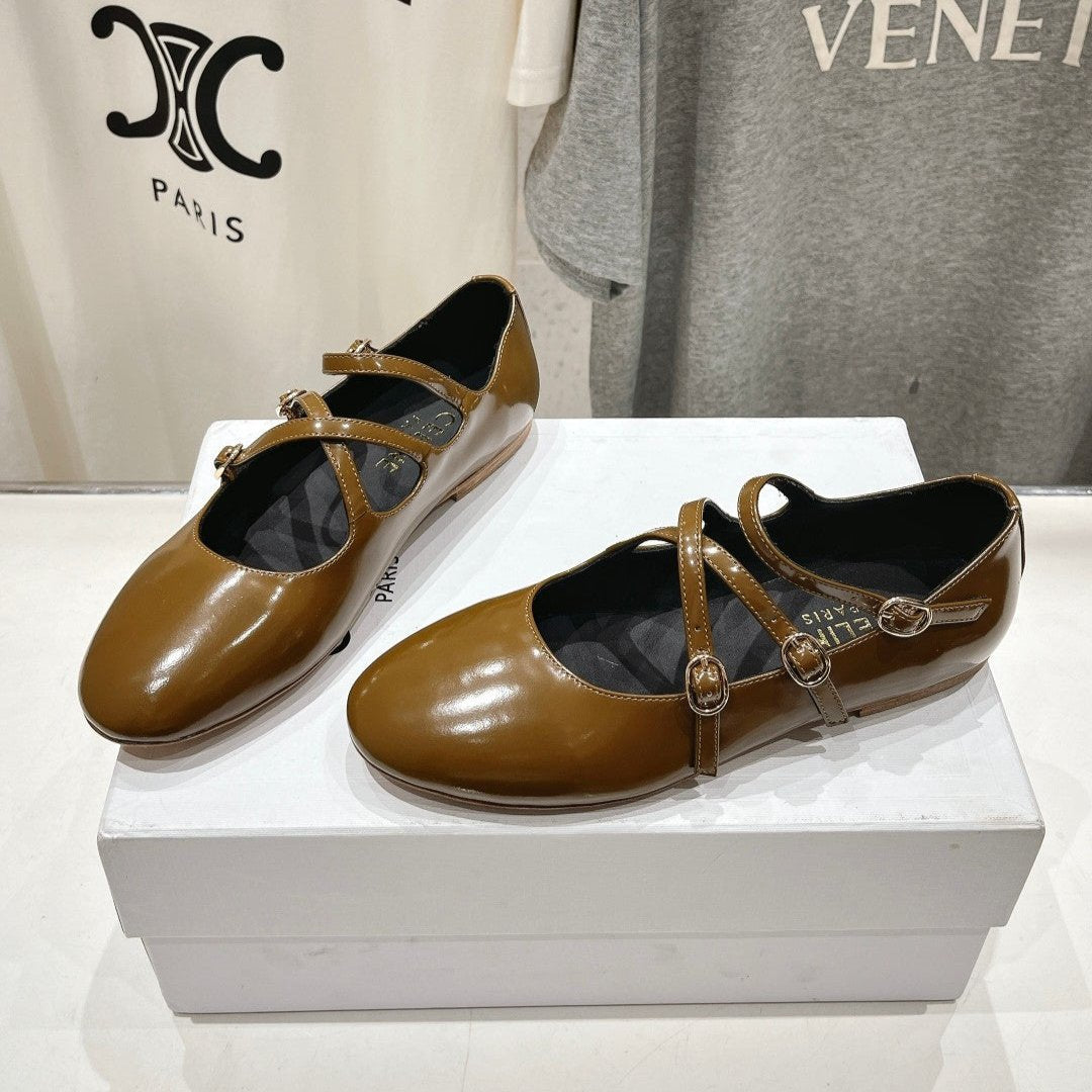 BALLET FLAT WITH CROSSOVER STRAP IN SEPIA BROWN LAMBSKIN