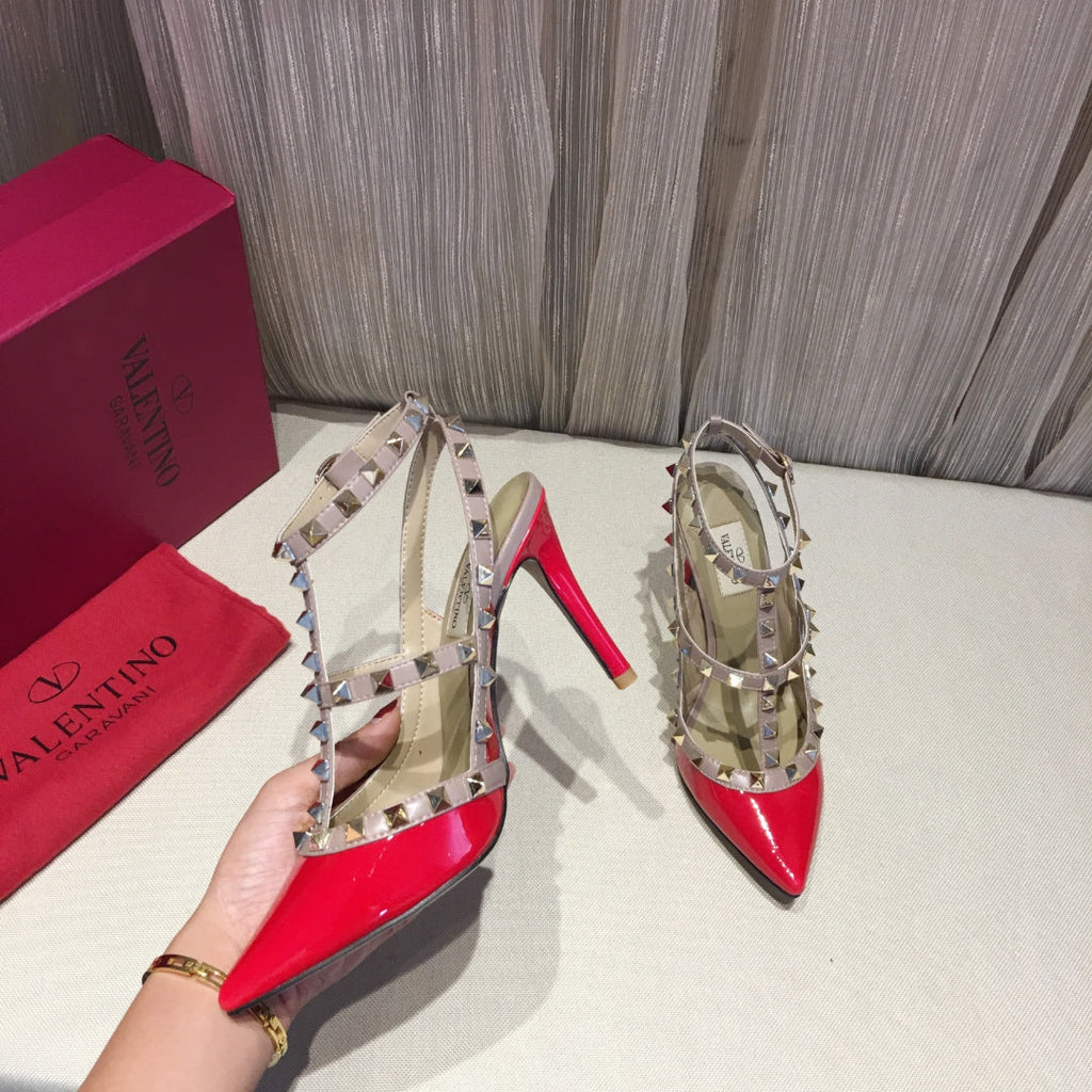 ROCKSTUD CAGED HIGH PUMP IN CHERRY RED MIX LIGHT PINK PATENT CALFSKIN 100 MM