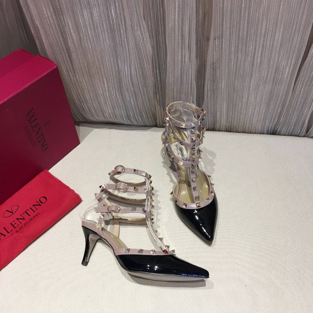 ROCKSTUD CAGED PUMP 65MM IN BLACK MIX LIGHT PINK PATENT CALFSKIN