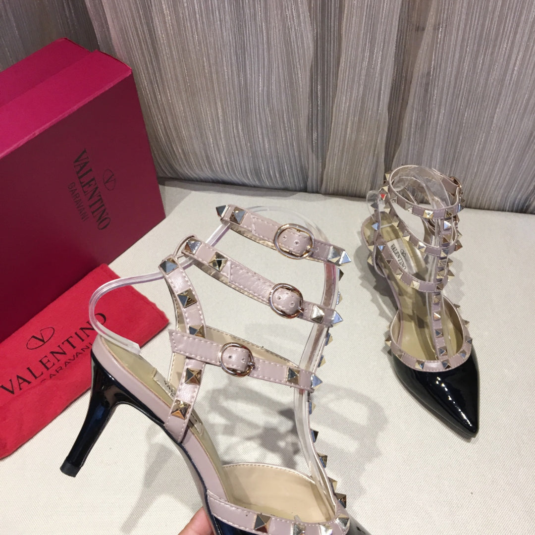ROCKSTUD CAGED PUMP 65MM IN BLACK MIX LIGHT PINK PATENT CALFSKIN