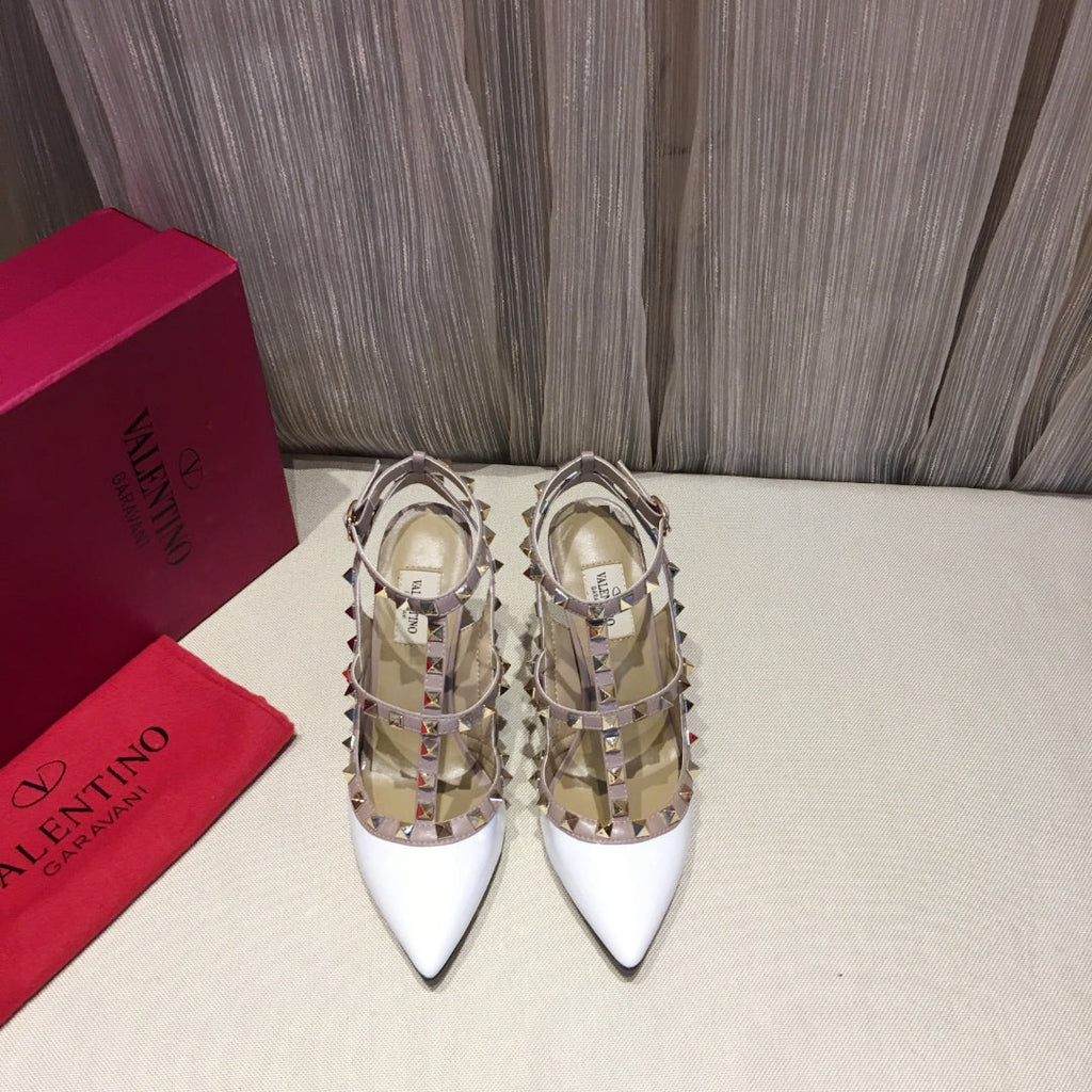 ROCKSTUD CAGED HIGH PUMP IN WHITE MIX LIGHT PINK PATENT CALFSKIN 100 MM