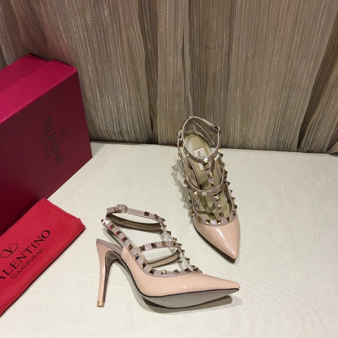ROCKSTUD CAGED HIGH PUMP IN PEACHY MIX LIGHT PINK PATENT CALFSKIN 100 MM