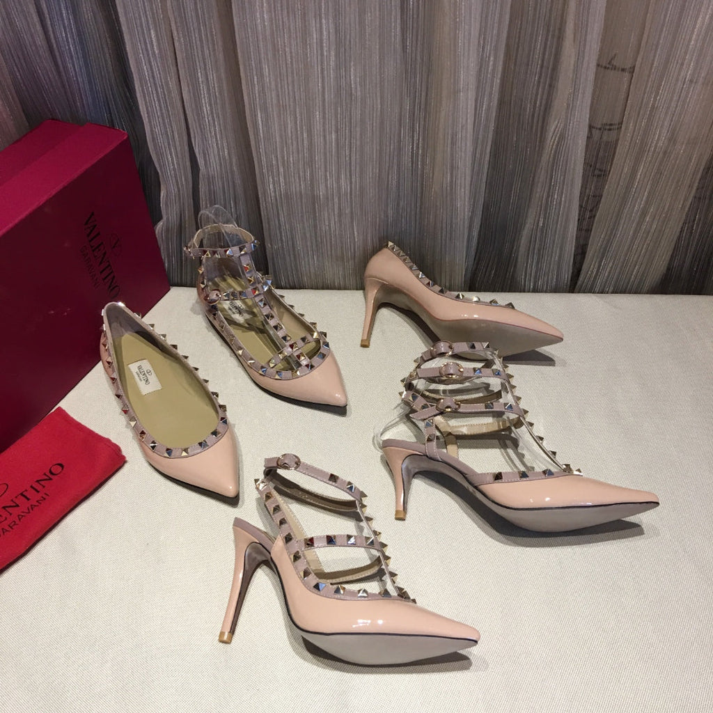 ROCKSTUD CAGED HIGH PUMP IN PEACHY MIX LIGHT PINK PATENT CALFSKIN 100 MM