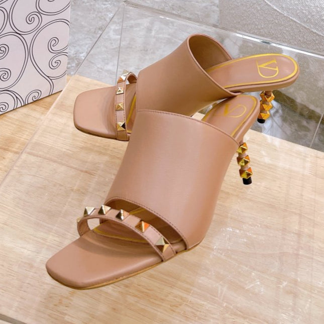ROCKSTUD TOWER-HEEL MULES IN BRONZE BROWN CALFSKIN 7 CM